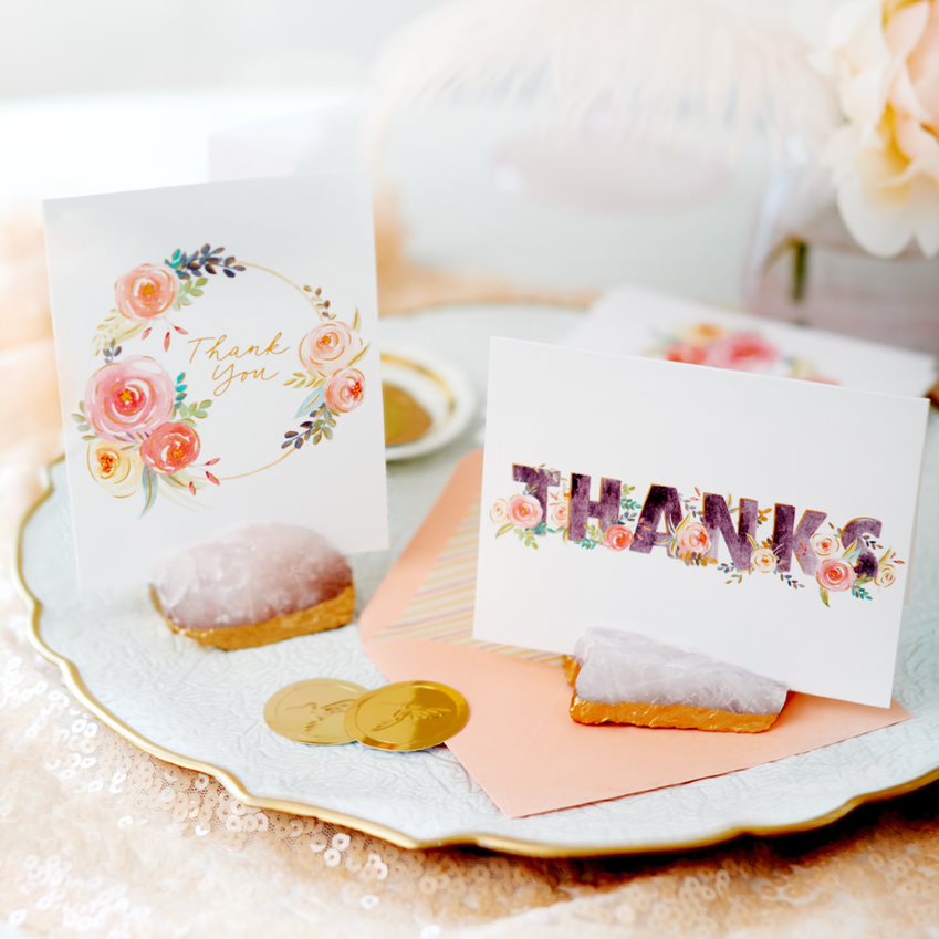 Floral thank you card stationery set on a mirror and gold platter