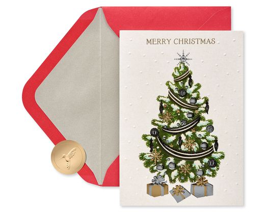 Metallic Christmas Tree and Gifts Christmas Cards Boxed 12-Count