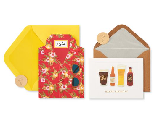 Hawaiian Shirt and Craft Beer Birthday Greeting Card Bundle for Him 2-Count