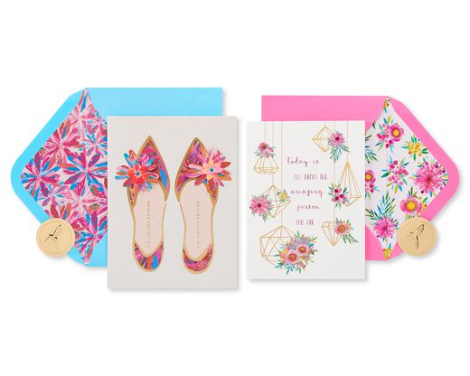 Shoes and Terrarium Birthday Greeting Card Bundle for Her 2-Count