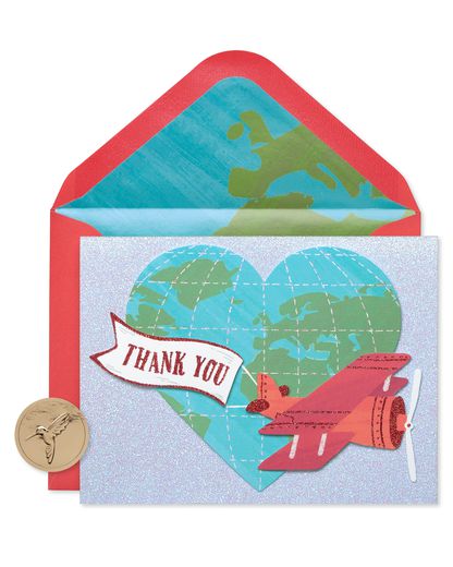Globe with Plane Handmade Thank You Boxed Blank Note Cards with Glitter 8-Count