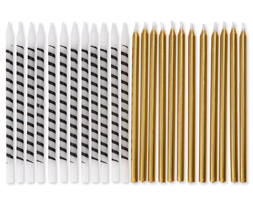 White and Black Stripe and Gold Birthday Candles 24-Count