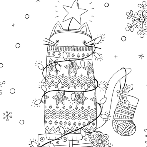 cat and presents coloring page